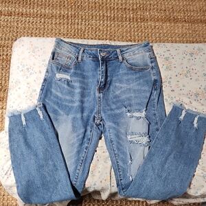 Blue Distressed Denim Jeans with Fading and Straight Leg Cut